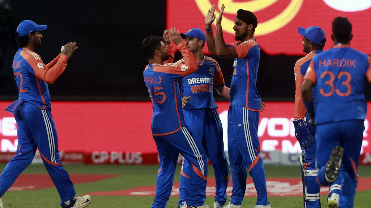 India's players celebrate the wicket of Aiden Markram