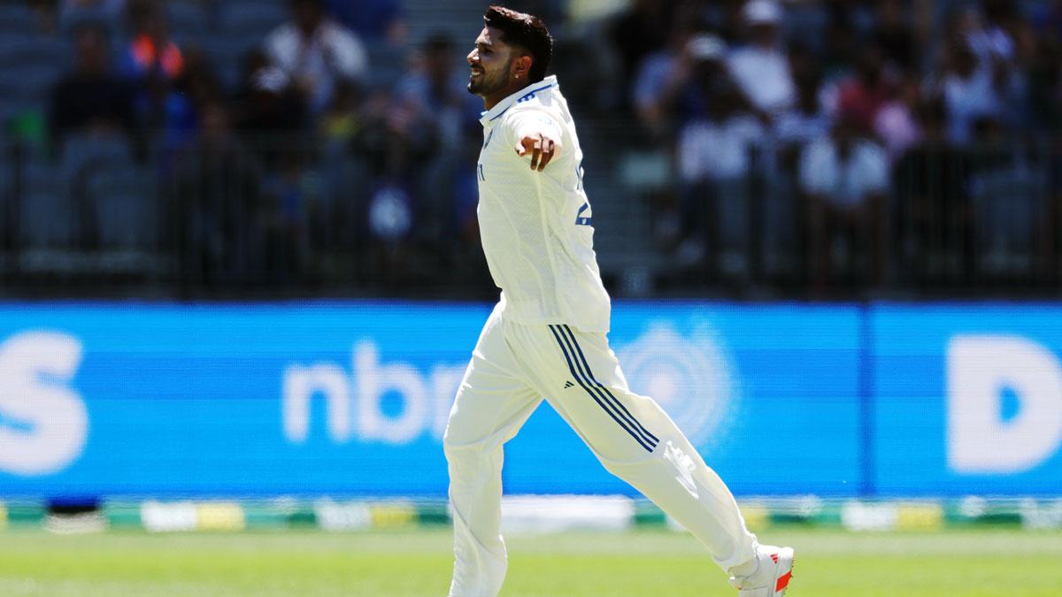 Harshit Rana celebrates the wicket of Nathan Lyon.