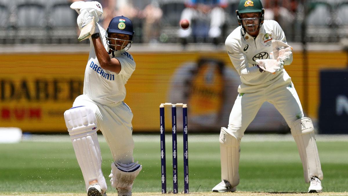 Yashasvi Jaiswal bats during Day 3.