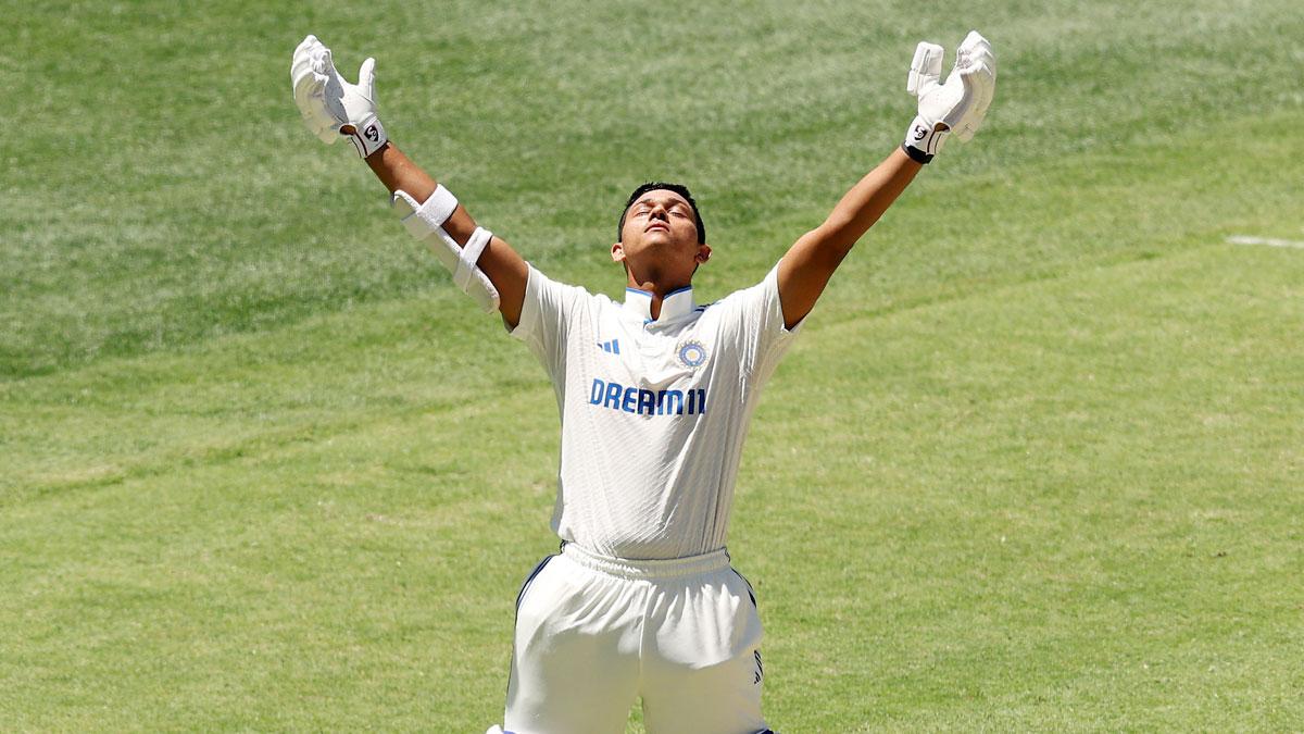 Yashasvi Jaiswal celebrates his century.