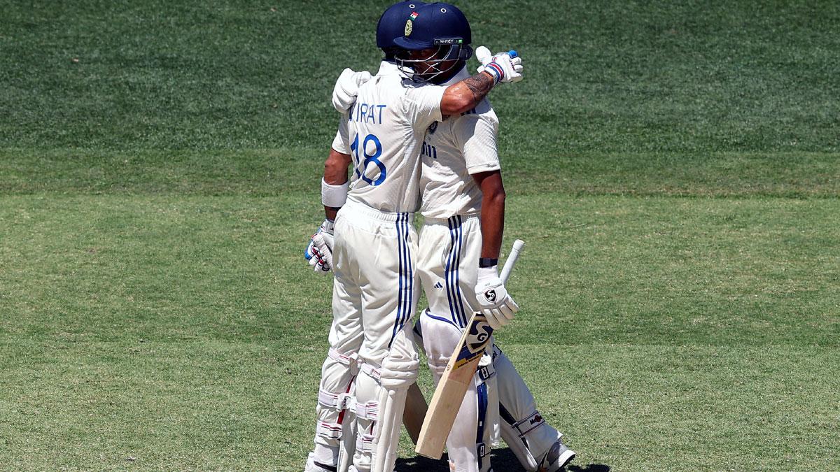 Yashasvi Jaiswal celebrates with Virat Kohli after completing his 150