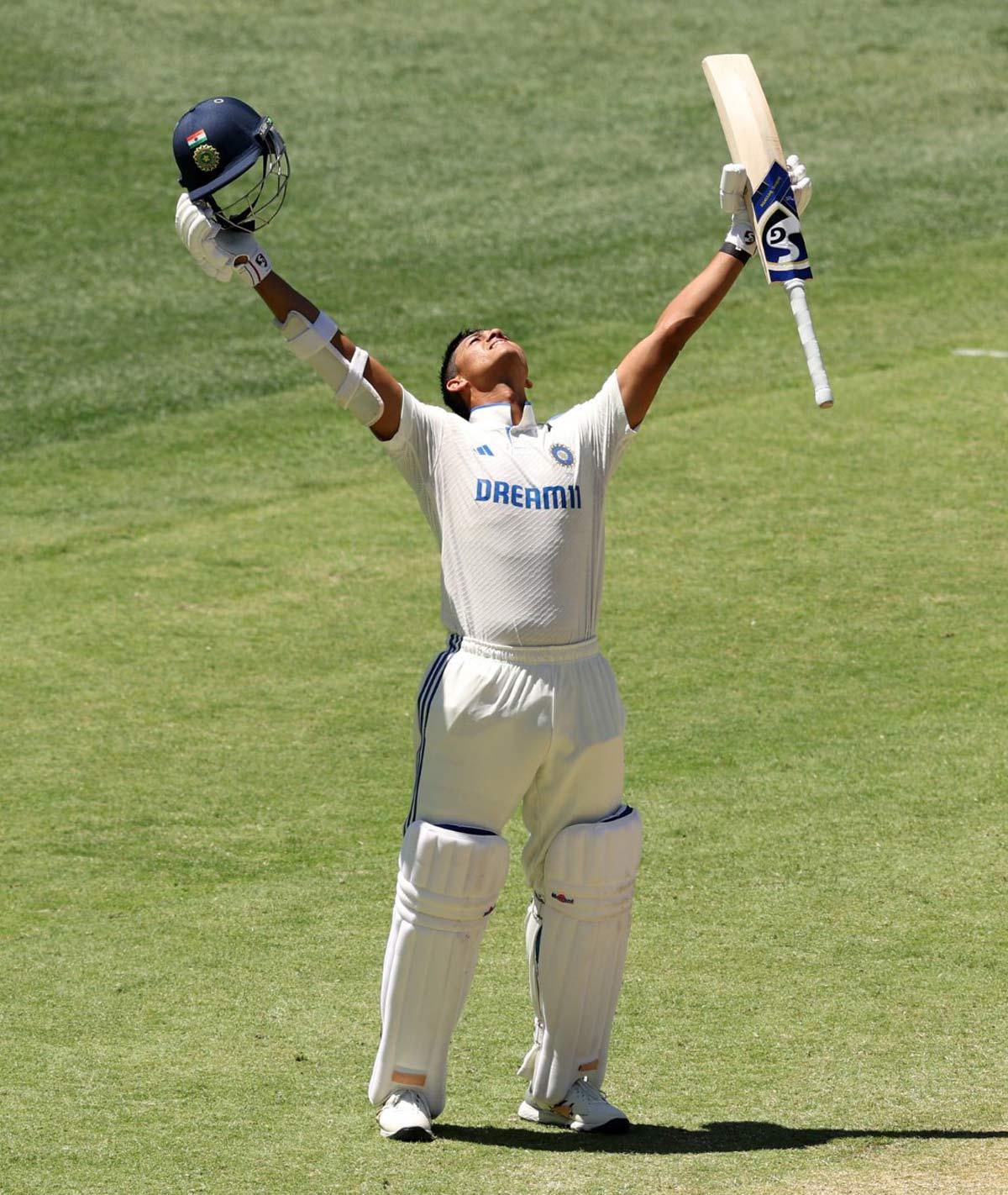 Yashasvi Jaiswal celebrates his century on Day 3 of the first Test against Australia at Perth Stadium in Perth, on Sunday, November 24