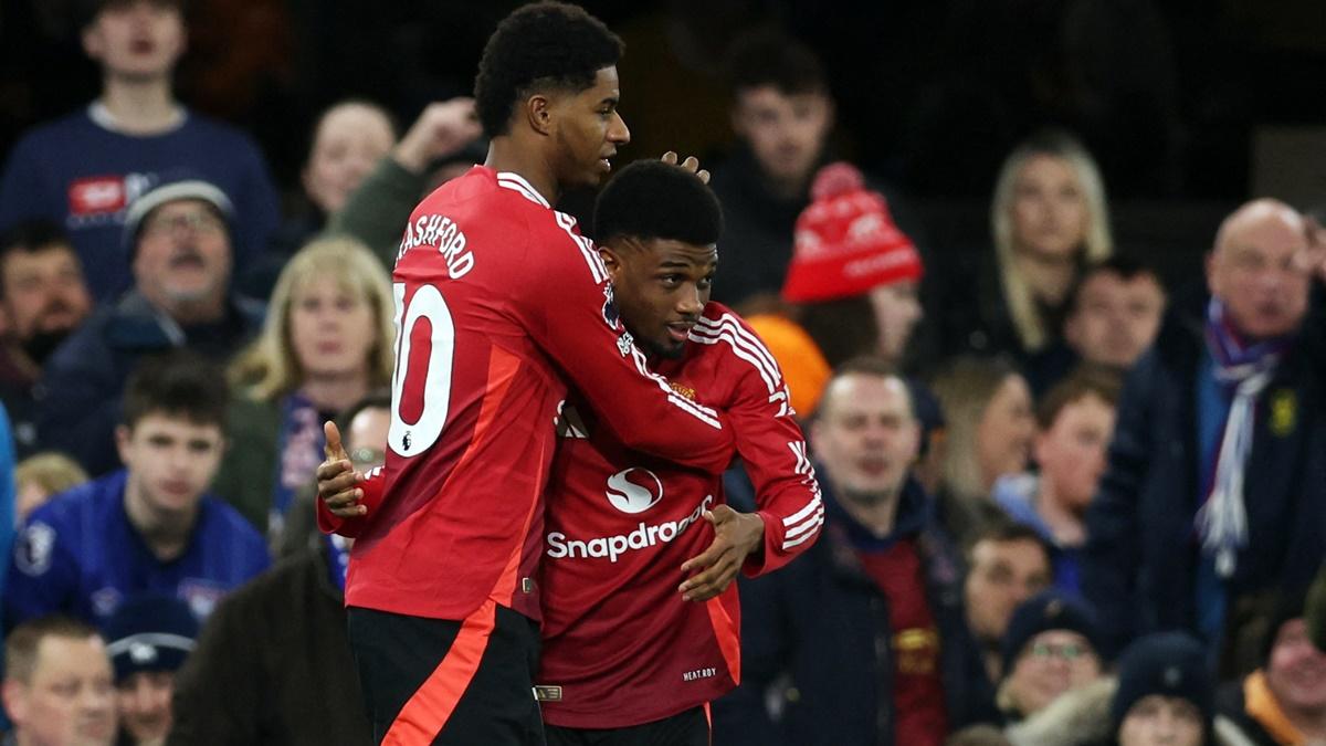 Marcus Rashford celebrates with Amad Diallo after putting Manchester United ahead early against Ipswich Town, at Portman Road, Ipswich.