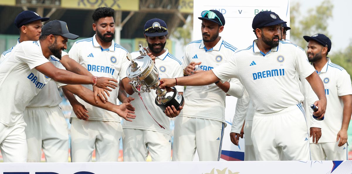 Team India celebrate winning the Test series against Bangladesh.