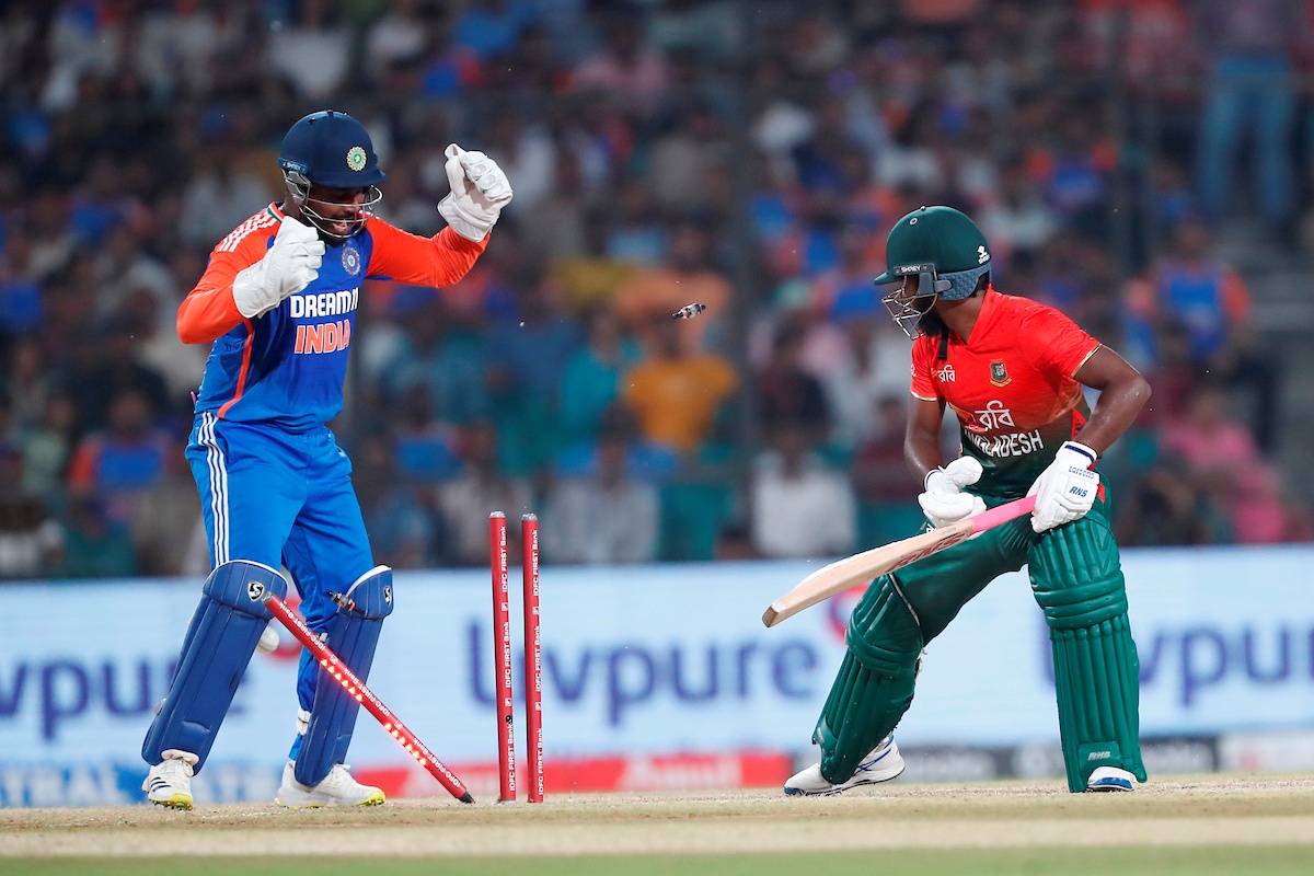 Bangladesh's Jaker Ali has his stumps uprooted by India's Varun Chakravarthy