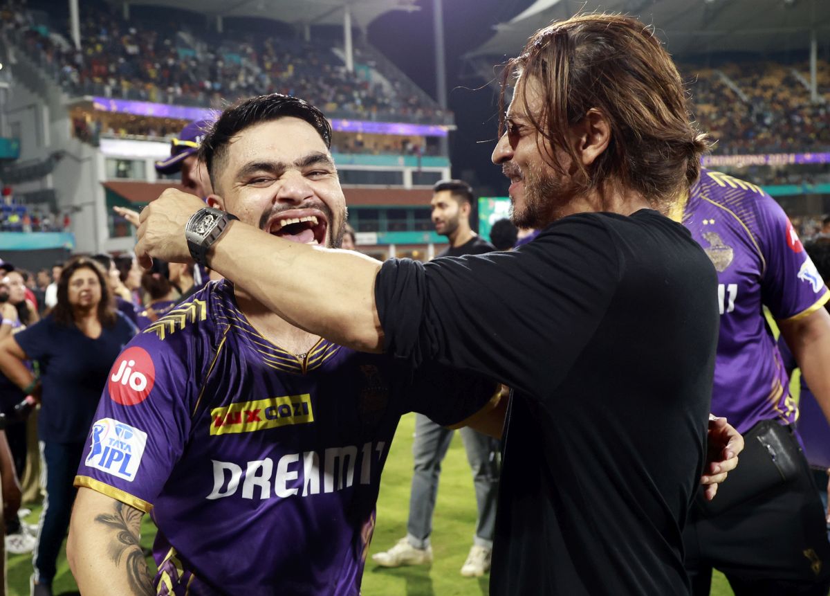 KKR co-owner Shah Rukh Khan hugs Rinku Singh after winning IPL 2024 title