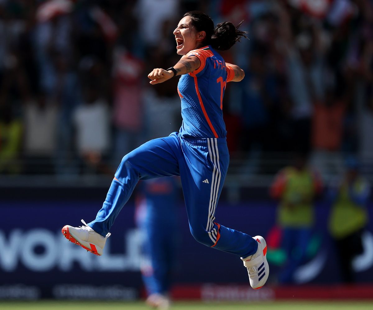 Renuka Singh celebrates the wicket of Pakistan opener Gull Feroza.