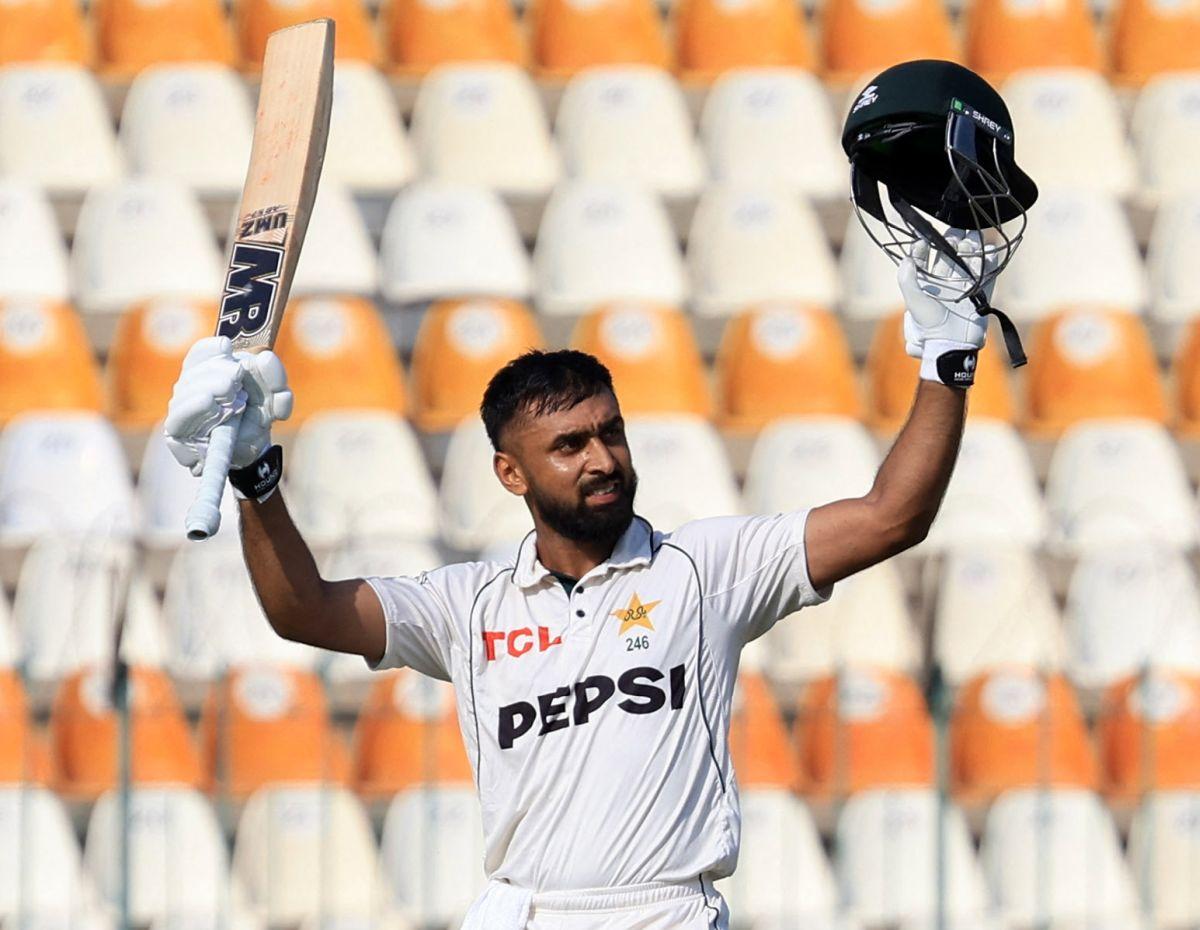 Abdullah Shafique celebrates after reaching his century