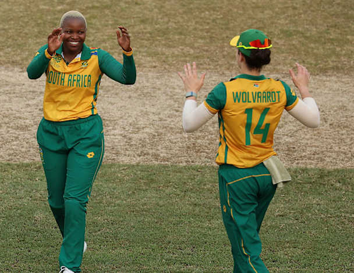 South Africa's Nonkululeko Mlaba celebrates with teammate Laura Wolvaardt