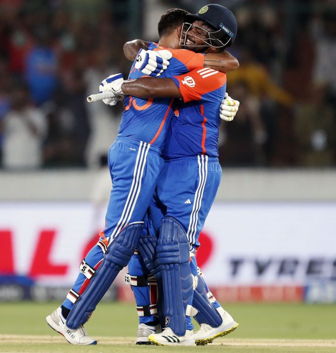 Sanju Samson celebrates his century with Suryakumar Yadav