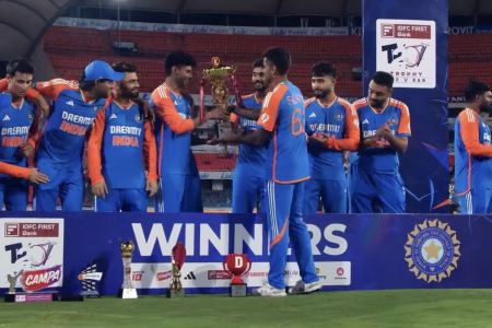 Indian players with the trophy after sweeping the series 3-0