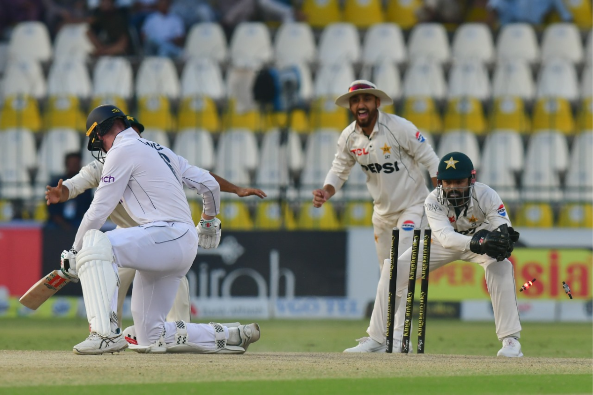 Zak Crawley is stumped by Mohammad Rizwan off the bowling of Noman Ali