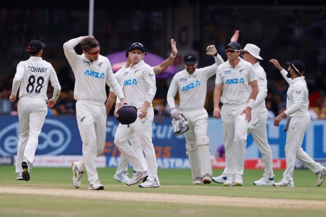 New Zealand players celebrates the wicket of Kuldeep Yadav