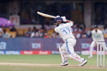 Rishabh Pant creams the ball through the covers for a boundary