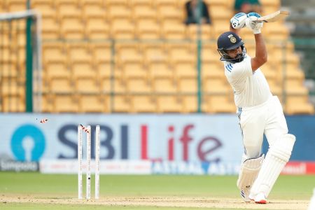 Rohit Sharma is bowled by Tim Southee