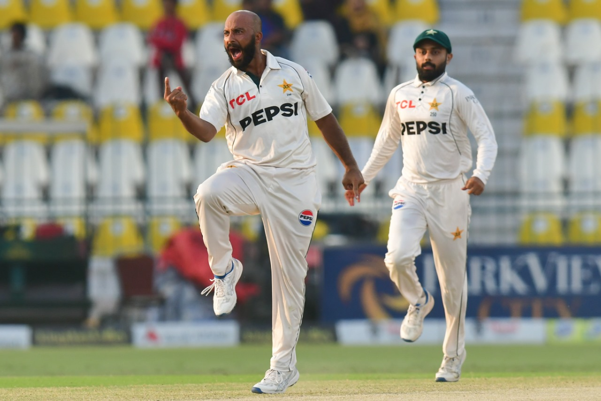 Pakistan's Sajid Khan celebrates the wicket of Ben Duckett