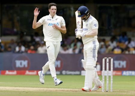 William O'Rourke celebrates the wicket of K L Rahul