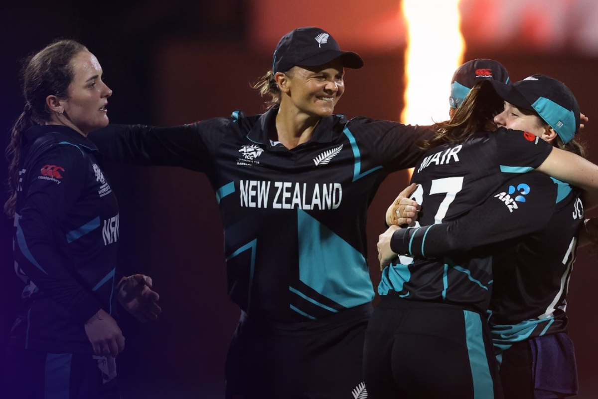 New Zealand players celebrate after squeezing past West Indies to enter the Women's T20 World Cup final 