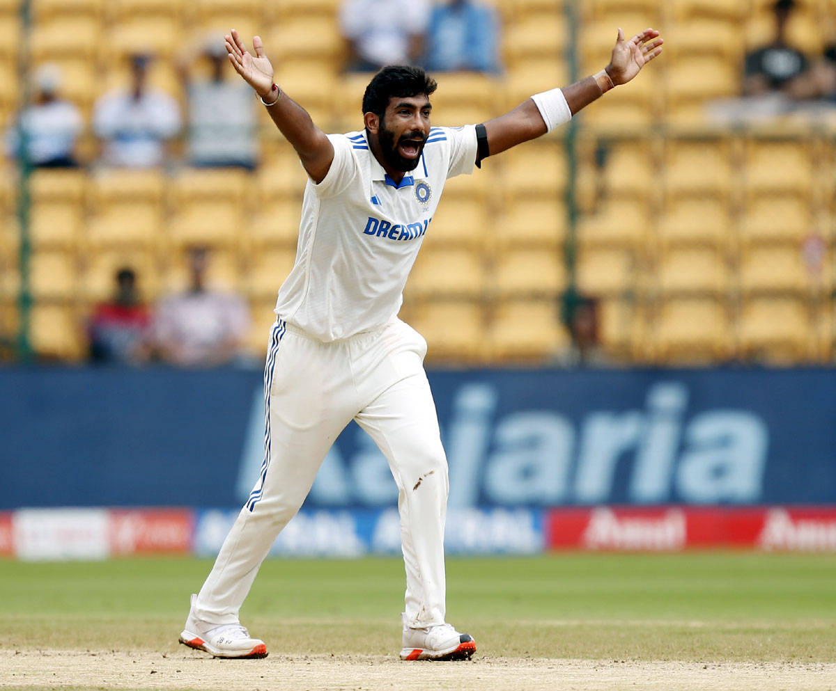 Jasprit Bumrah appeals for the wicket of Devon Conway, who was given out on the review.