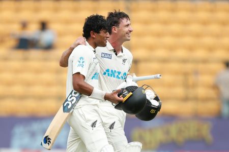 Rachin Ravindra and Will Young are all smiles after taking their team to victory in Bengaluru, on Sunday.