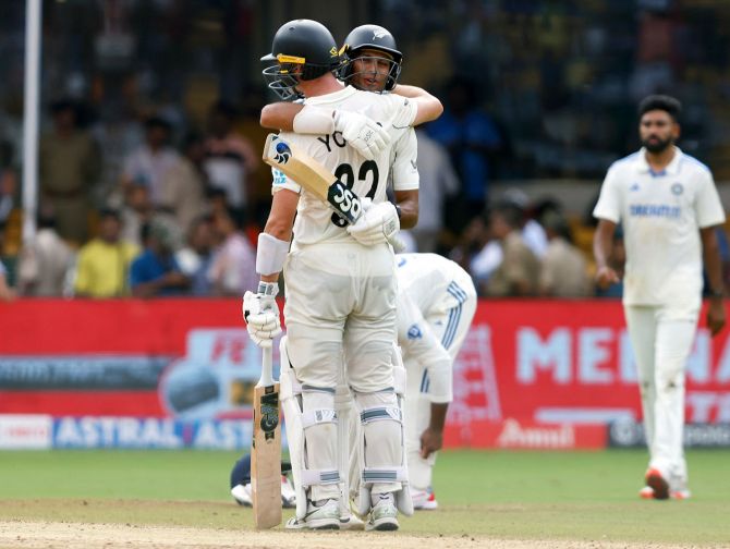 Will Young and Rachin Ravindra celebrate winning the first Test