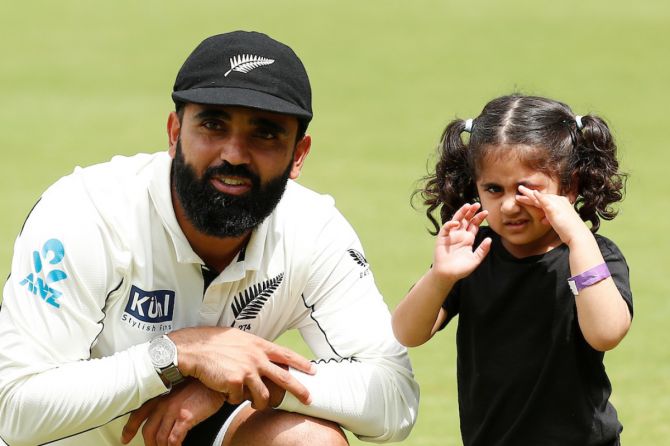 New Zealand spinner Ajaz Patel with his daughter