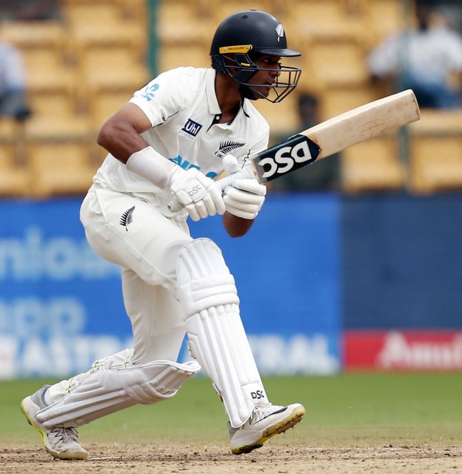 Rachin Ravindra scored an unbeaten on 39 as he helped New Zealand settle down after two early dismissals