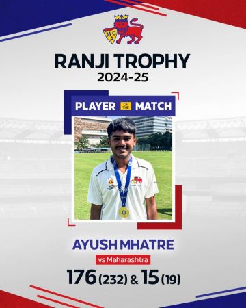 Ayush Mhatre was named player of the match for his superb century in the first innings