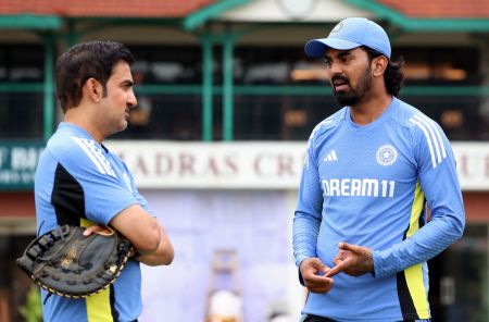 India head coach Gautam Gambhir with K L Rahul.