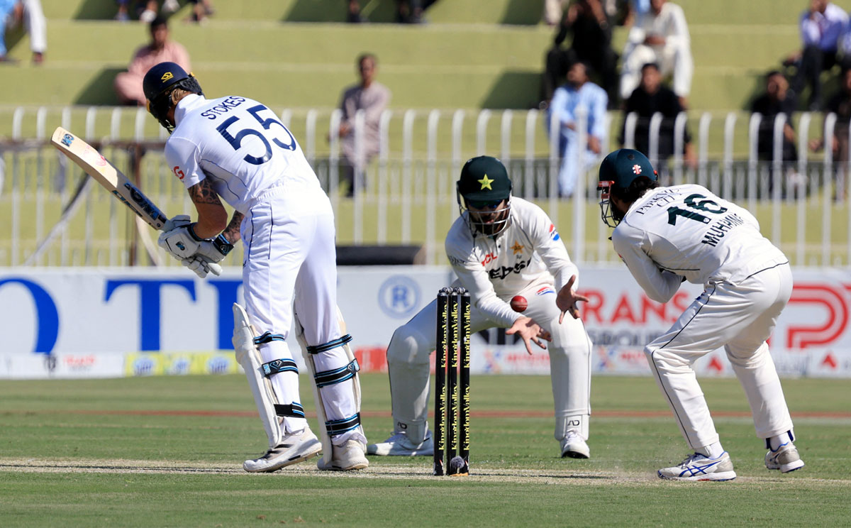 Salman Ali Agha takes the catch to dismiss Ben Stokes off the bowling of Sajid Khan