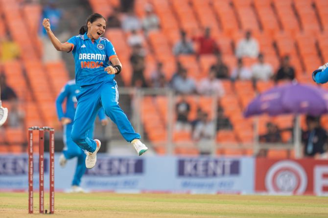 Saima Thakor celebrates dismissing New Zealand opener Suzie Bates.