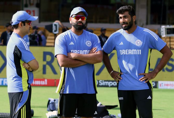 Head coach Gautam Gambhir, captain Rohit Sharma and vice-captain Jasprit Bumrah