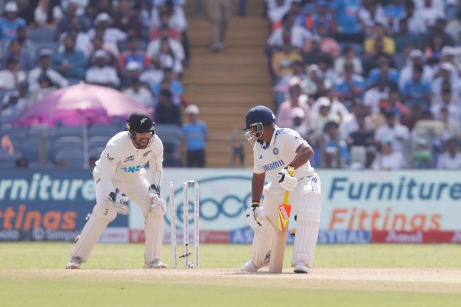 Sarfaraz Khan is bowled by Michell Santner