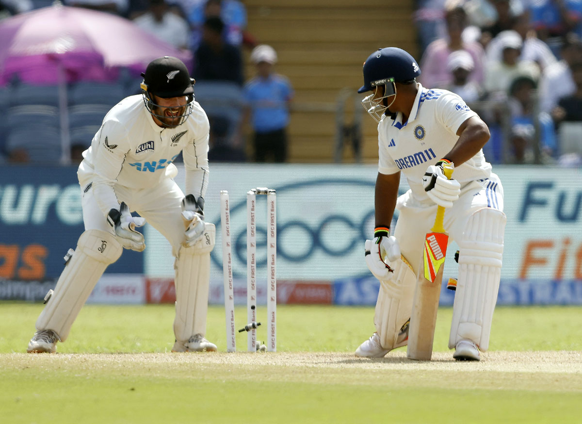 Sarfaraz Khan is bowled by Mitchell Santner