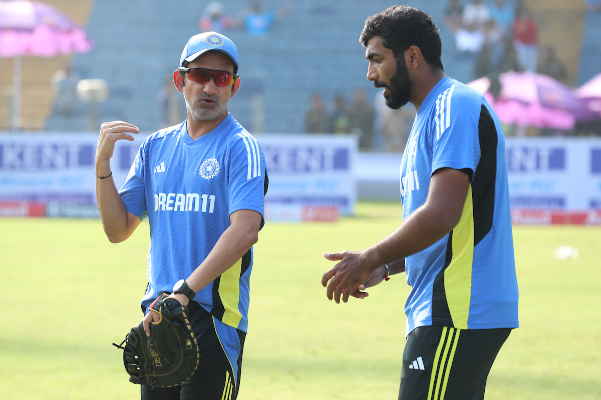 Gautam Gambhir with Jasprit Bumrah at a training session