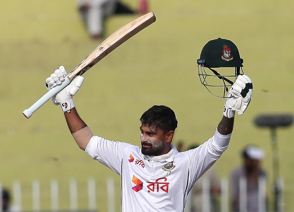 Bangladesh's Litton Das celebrates on completing a fighting century on Day 3 of the 2nd Test against Pakistan in Rawalpindi, on Sunday