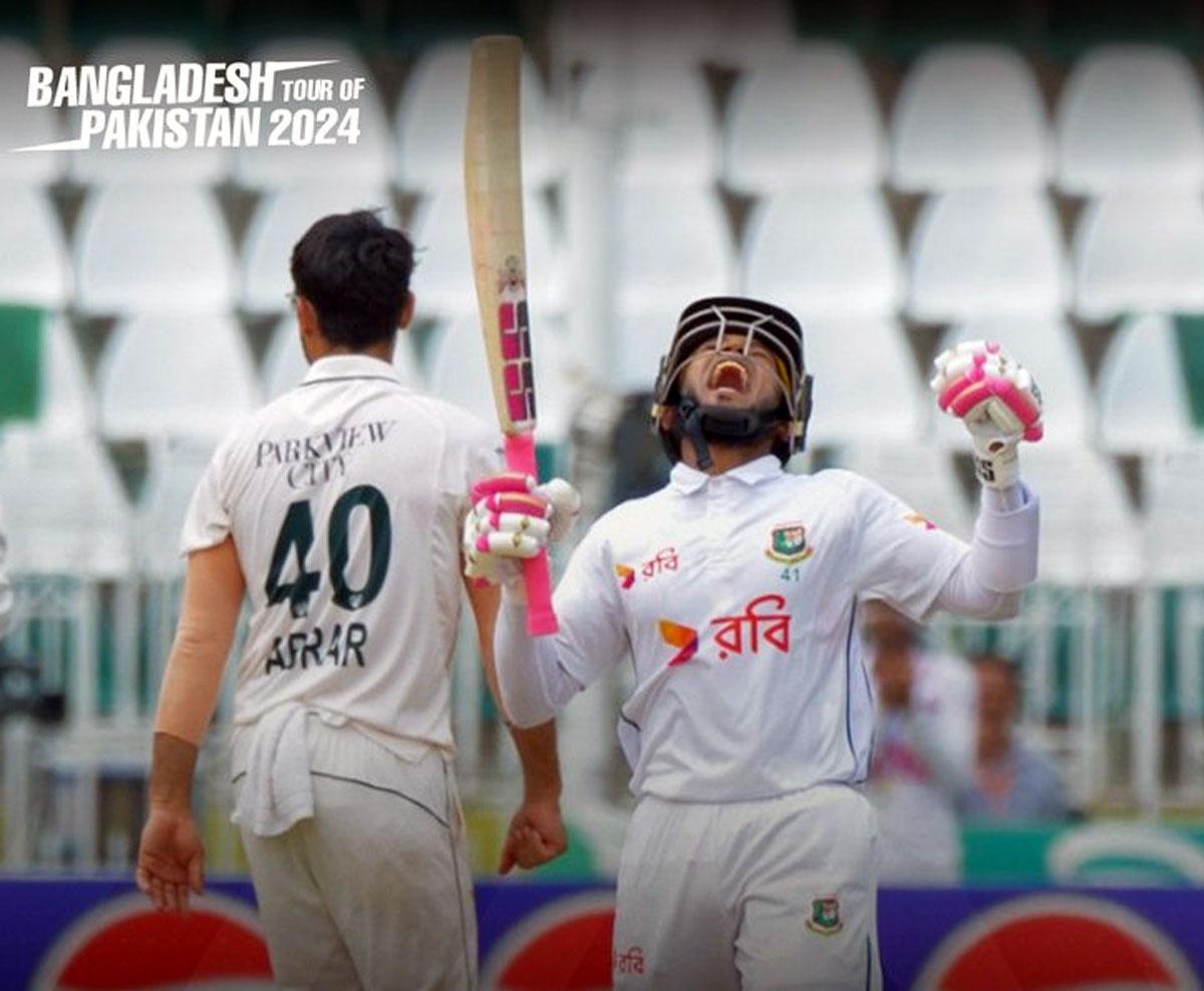 Bangladesh's Mushfiqur Rahim celebrates winning the second Test against Pakistan.