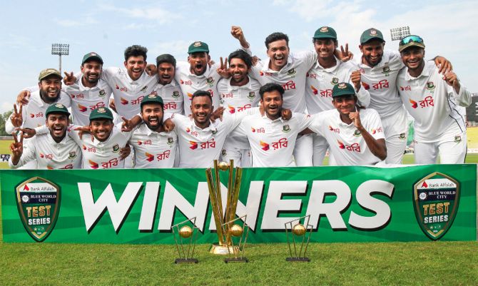 Bangladesh's players celebrate after winning the series.