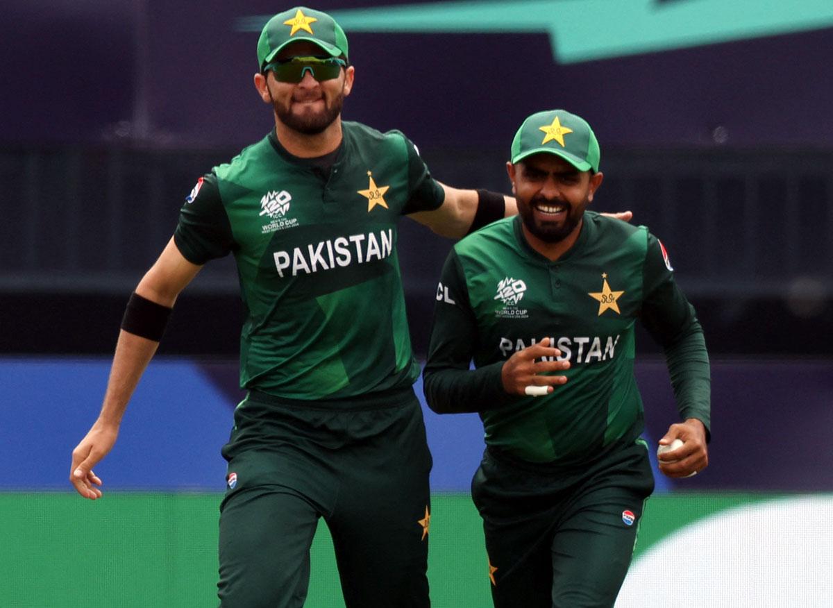 Pakistan's Babar Azam celebrates with Shaheen Shah Afridi