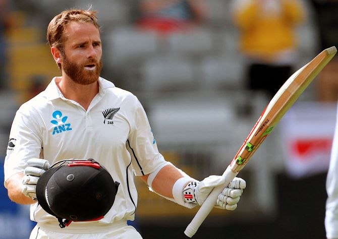 Kane Williamson celebrates reaching his century