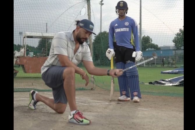 Yuvraj Singh trains with Abhishek Sharma in the nets