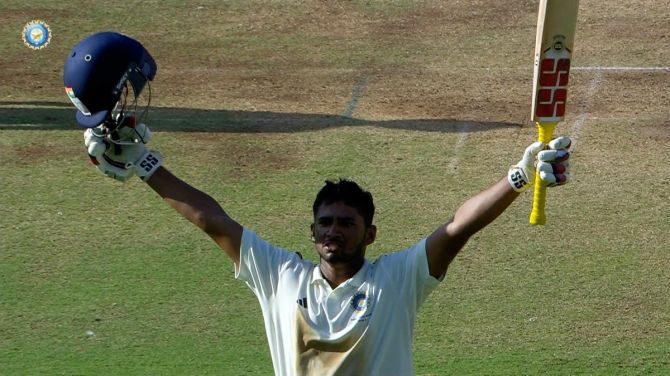 Mushee Khan celebrates his century in the Duleep Trophy