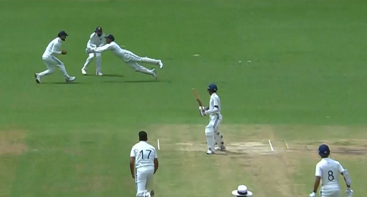 Dhruv Jurel takes the catch to dismiss Abhimanyu Easwaran