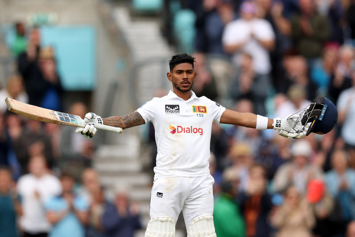 Sri Lanka's Pathum Nissanka celebrates after completing his century 