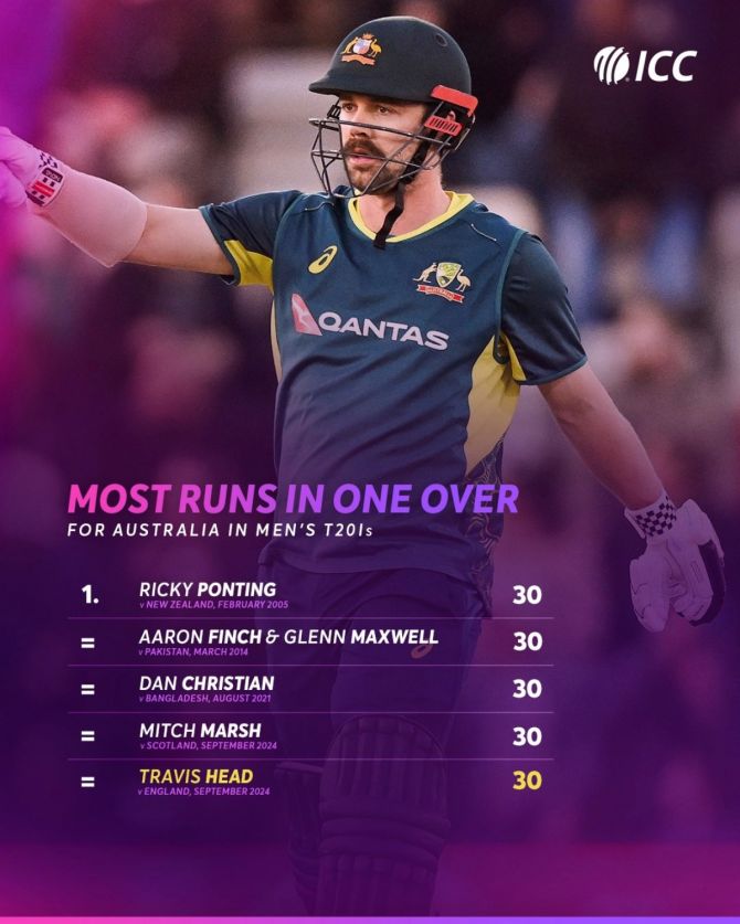 Travis Head joined his fellow Australians in this record books after giving Sam Curran a belting in the 5th over of the match