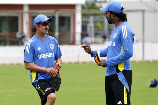 Head coach Gautam Gambhir and KL Rahul in deep discussion