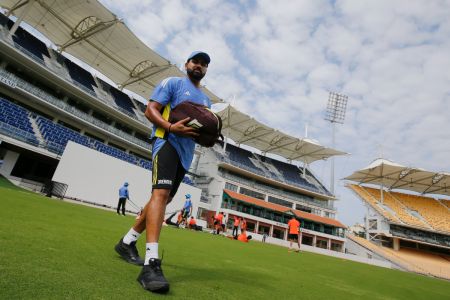 Captain Rohit Sharma walks out for the nets session 