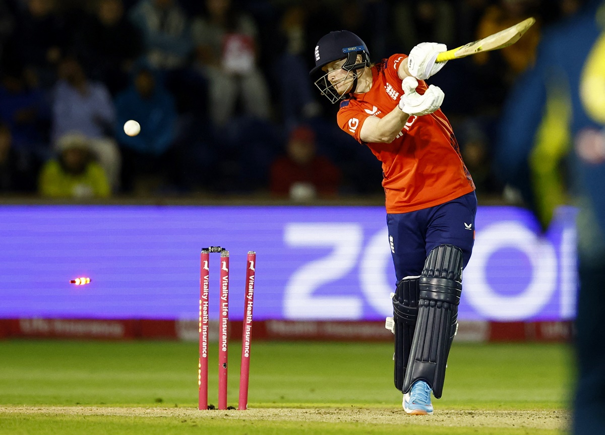 Jordan Cox is bowled out by Australia pacer Sean Abbott.