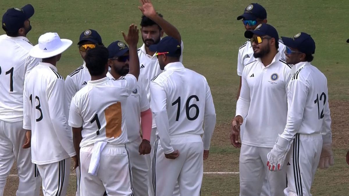 India A players celebrate a wicket against India D