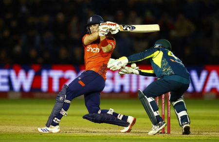 England's Liam Livingstone hits a six during his 87 off 47 balls in the second T20I against Australia, at Sophia Gardens Cricket Ground, Cardiff, Wales, on Friday. 